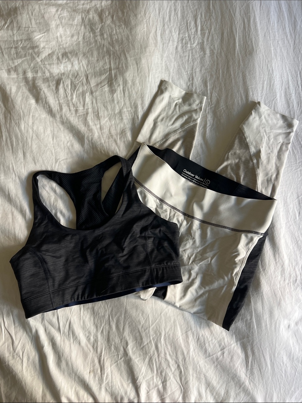 Outdoor Voices Black Sports Bra with White & Black Colorblock Leggings
